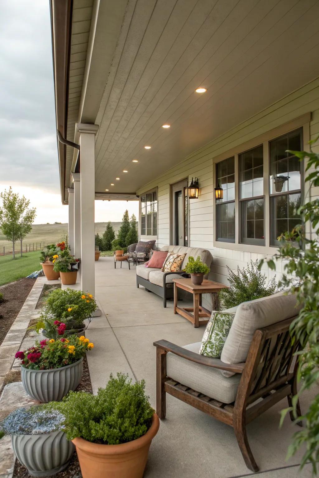 A cozy porch with lush greenery, perfect for relaxing at a ranch-style home.