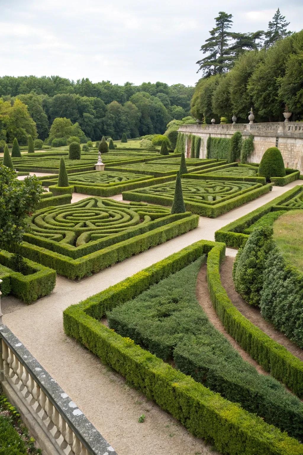 A structured formal garden with rosemary bushes arranged in geometric patterns.