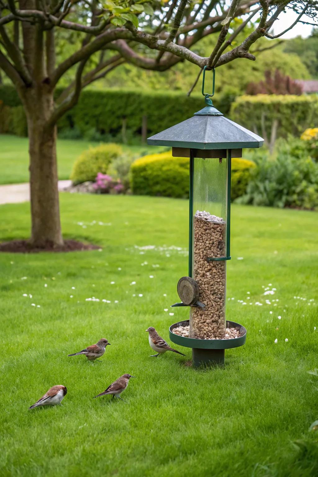 Simple grass cover under bird feeders for a clean, easy-to-maintain look.