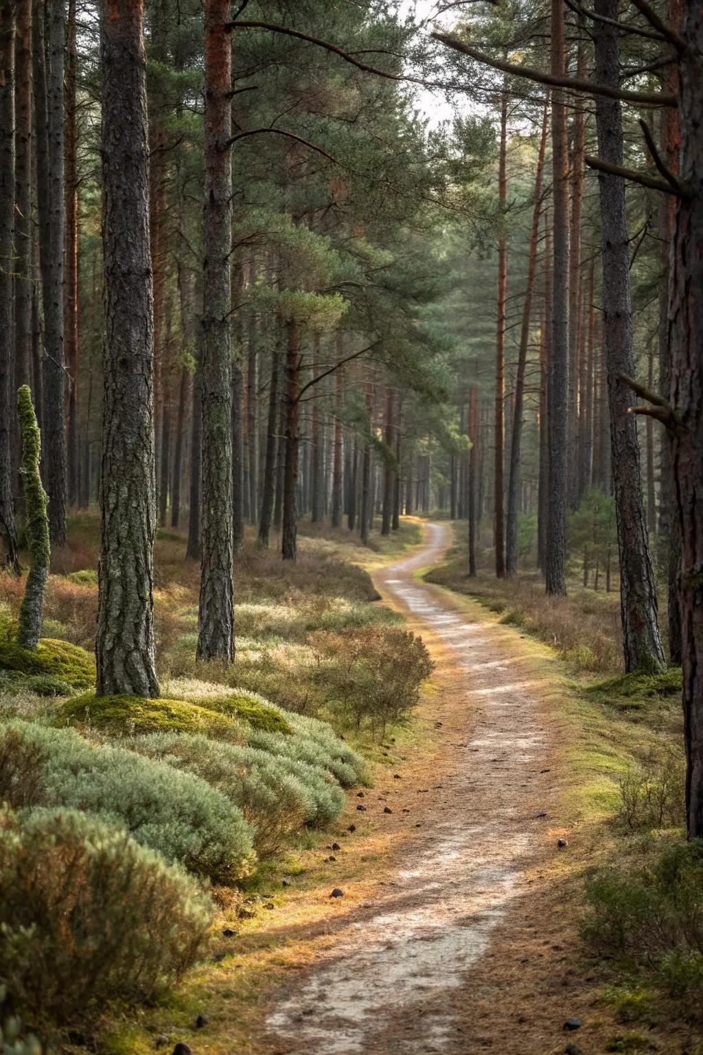 A rustic woodland pathway winding through pine trees.