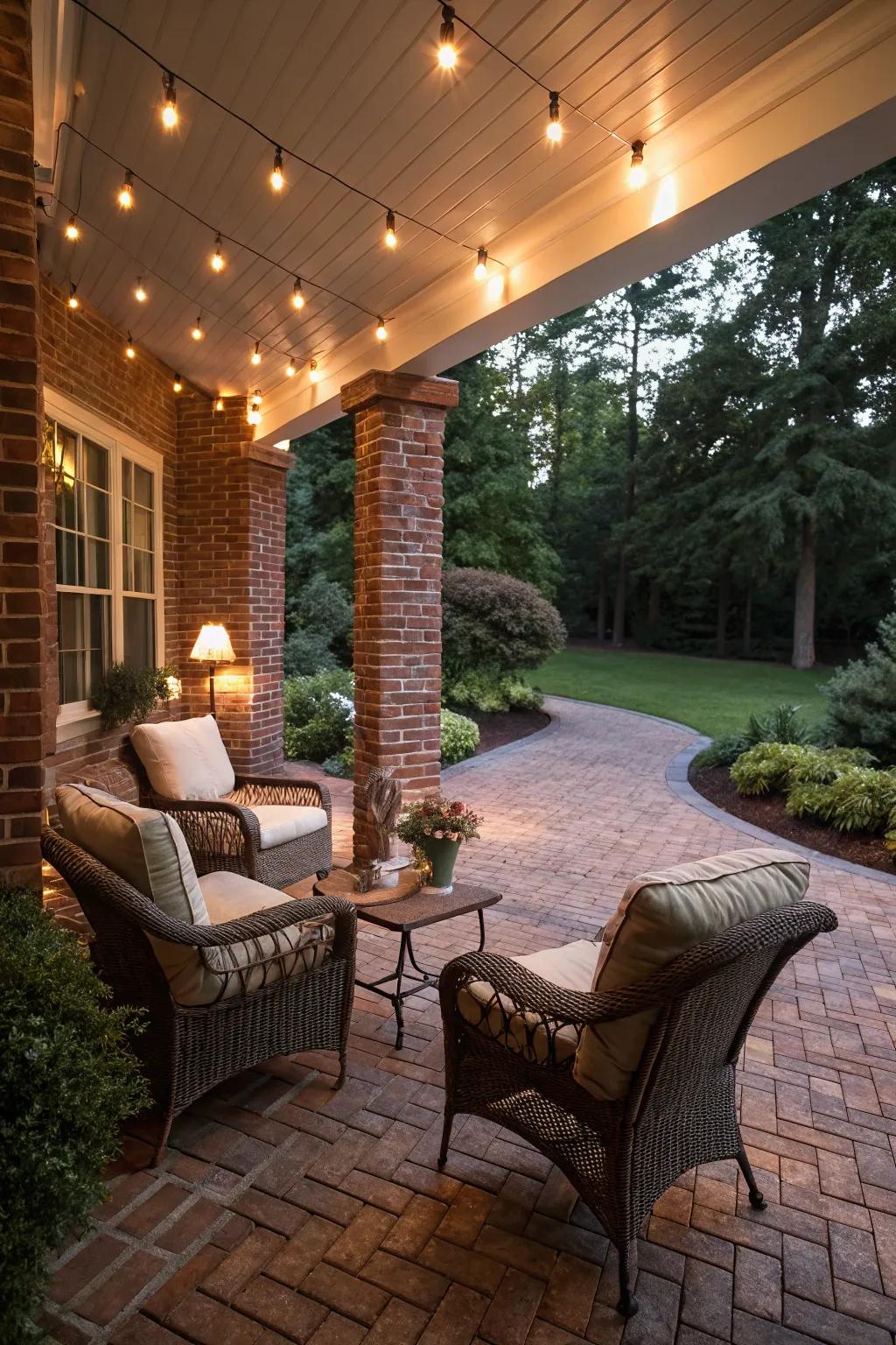 Create a welcoming outdoor living space with a classic brick patio.