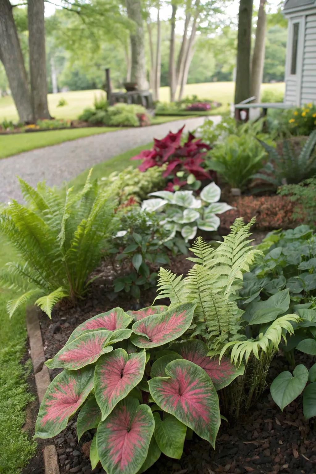 Mix caladiums with other plants for a rich garden tapestry.