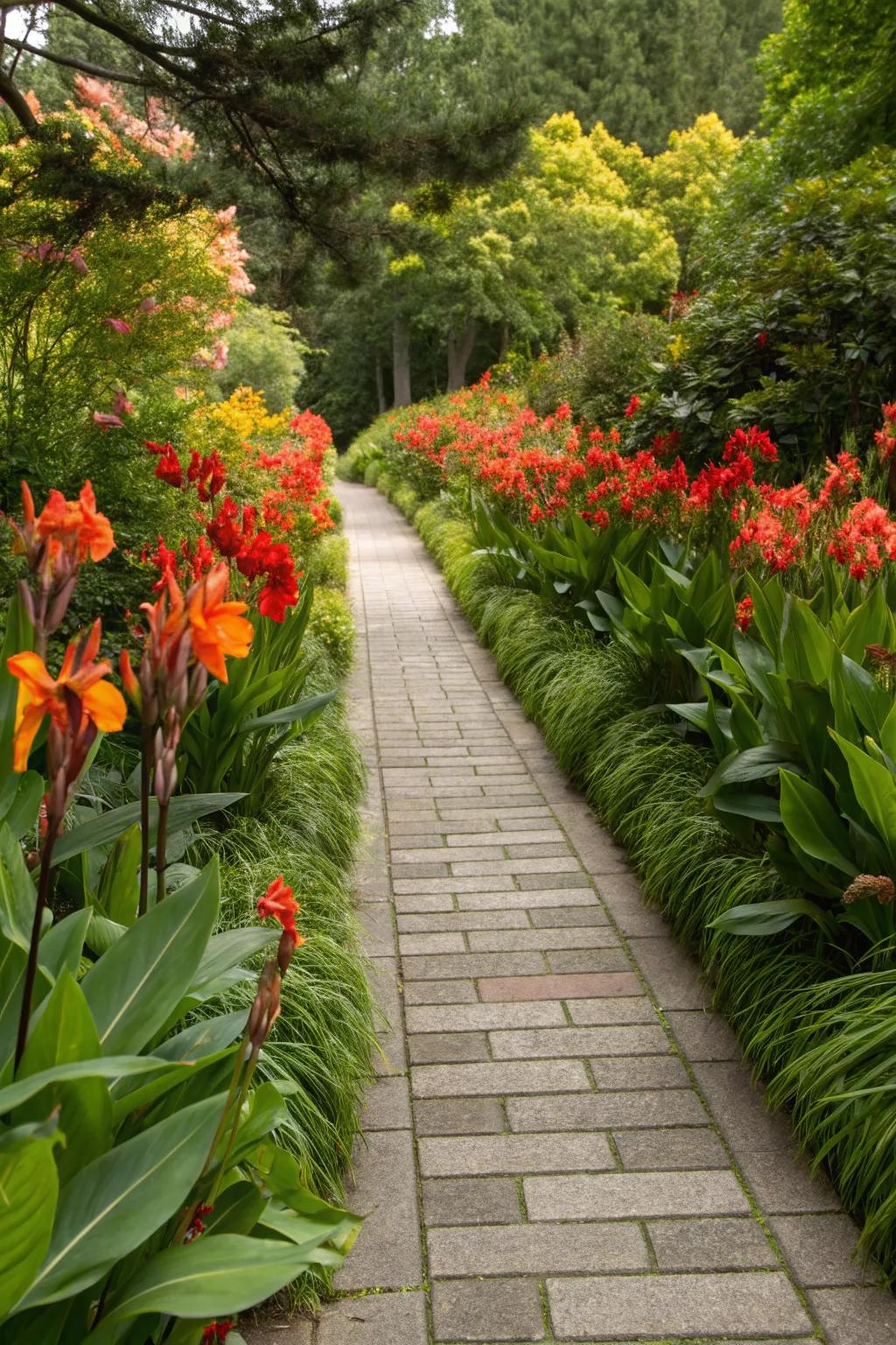 Canna lilies lining a garden pathway