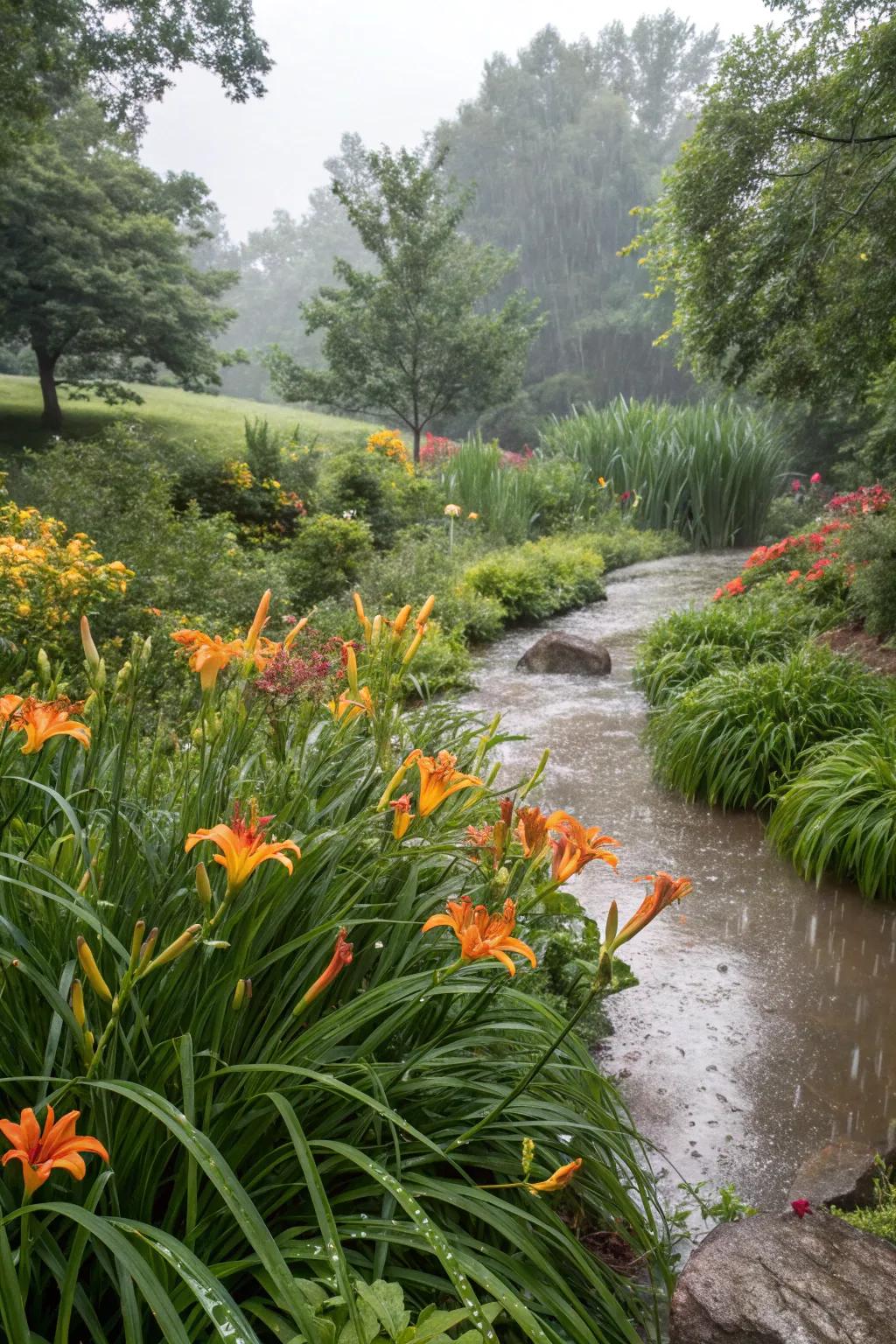 Daylilies flourishing in a rain garden setting.