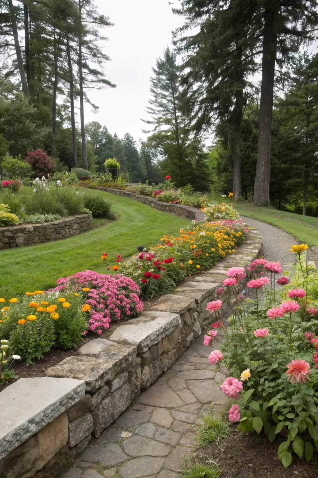 Flower beds edged with natural stone borders.