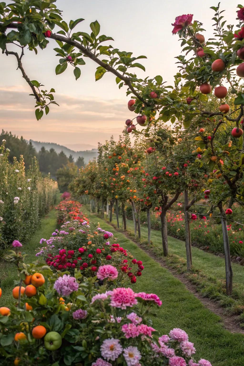 Blend fruit trees with vibrant flowers for a sensory delight.