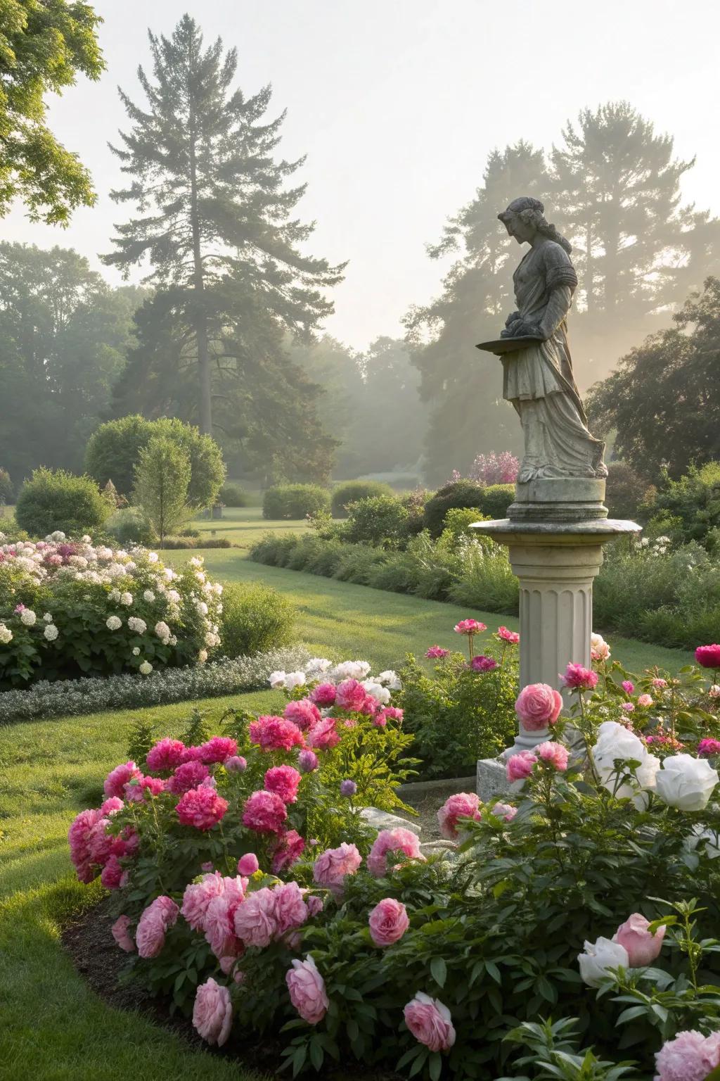 Peonies framing a garden statue to create a focal point.
