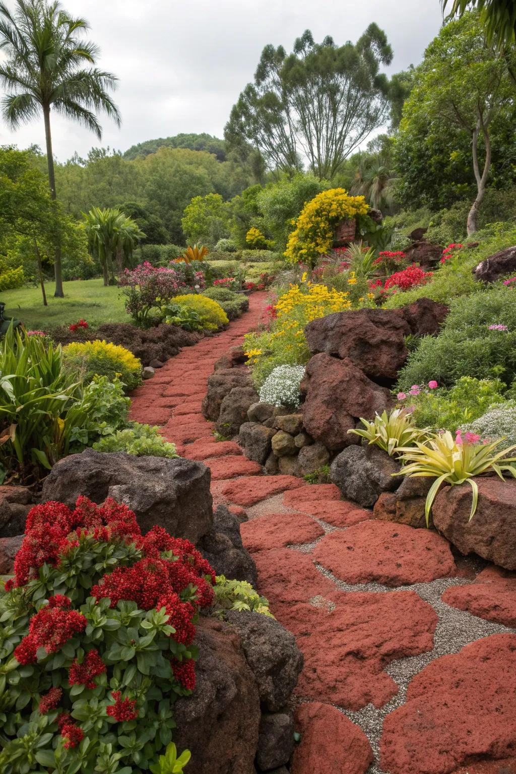 Pairing red lava rocks with plants enhances garden vibrancy.