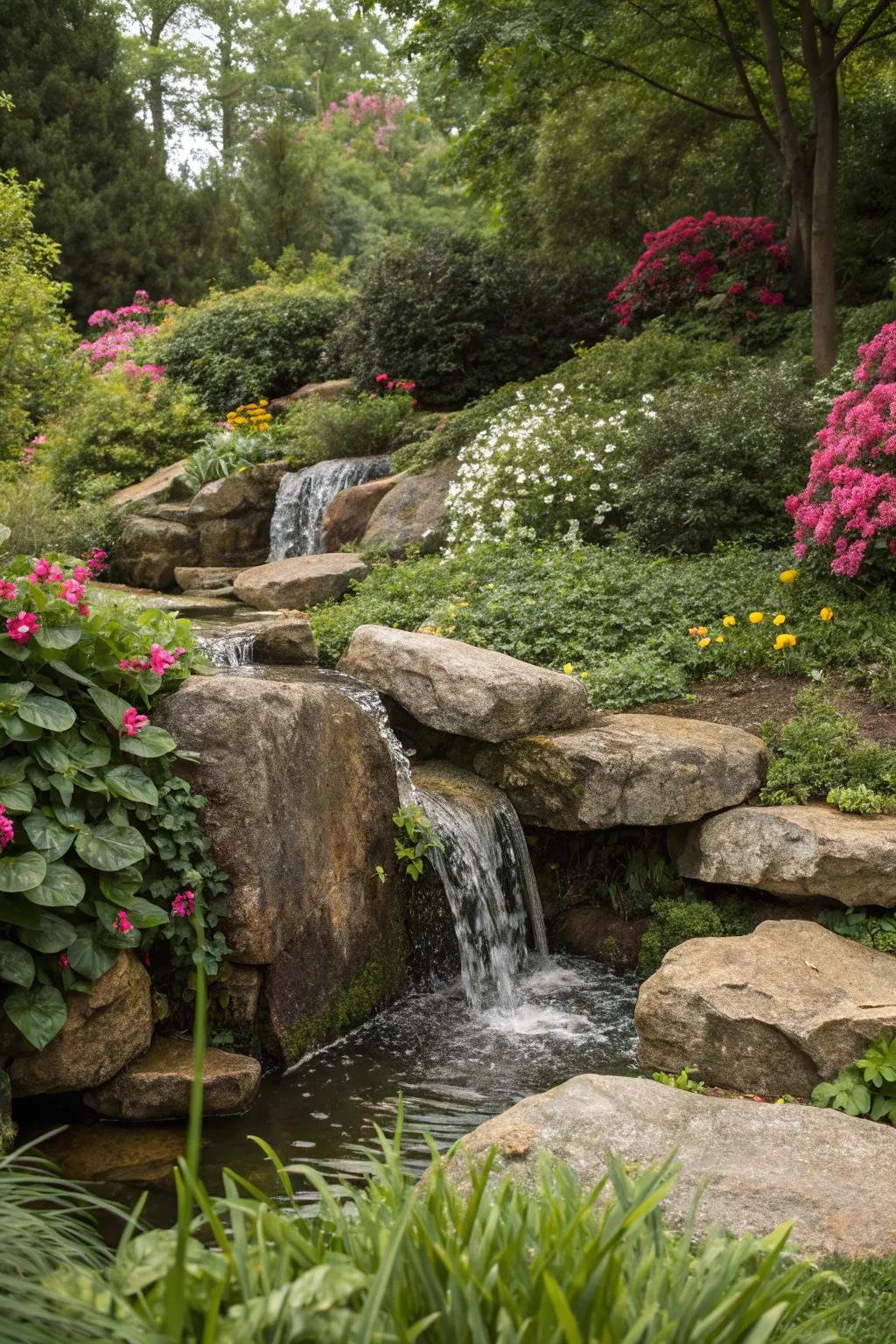 A calming rock waterfall adding a serene vibe