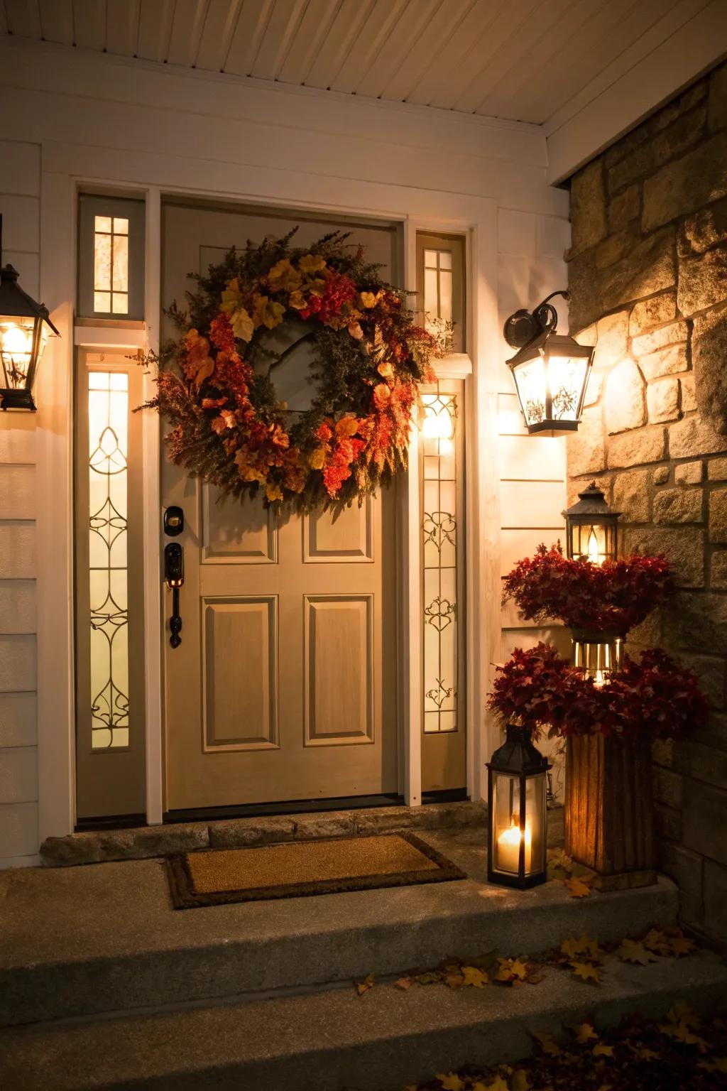 Enhance your porch with a wreath and lanterns.
