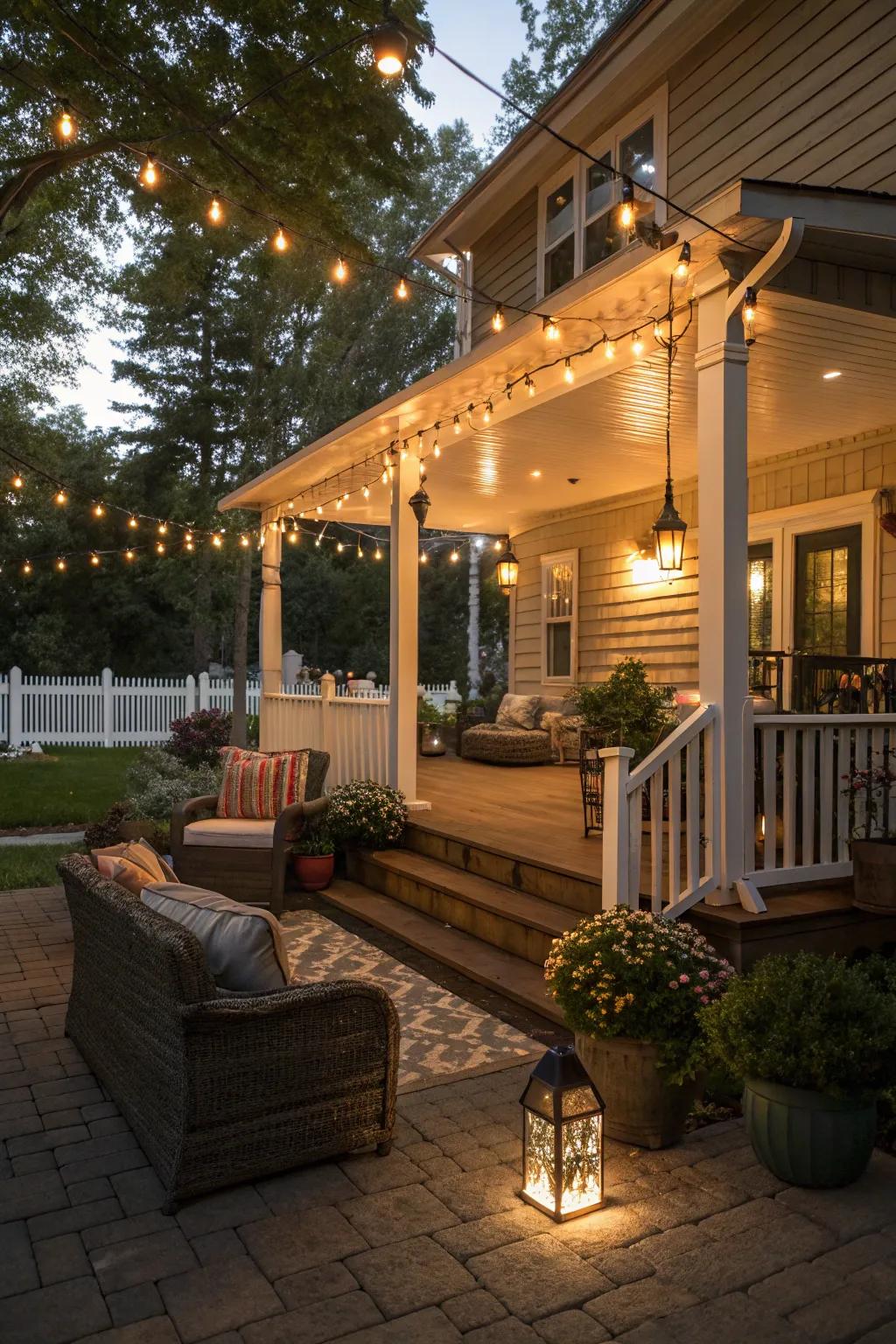 Lighting sets the mood for cozy evenings on the porch.