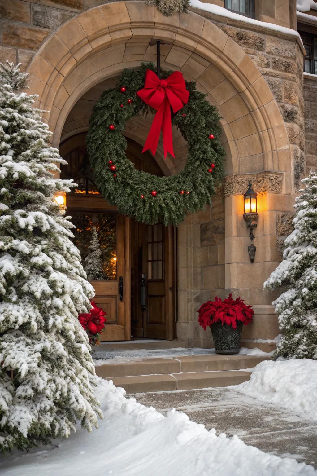 An oversized red bow makes this wreath a festive focal point.