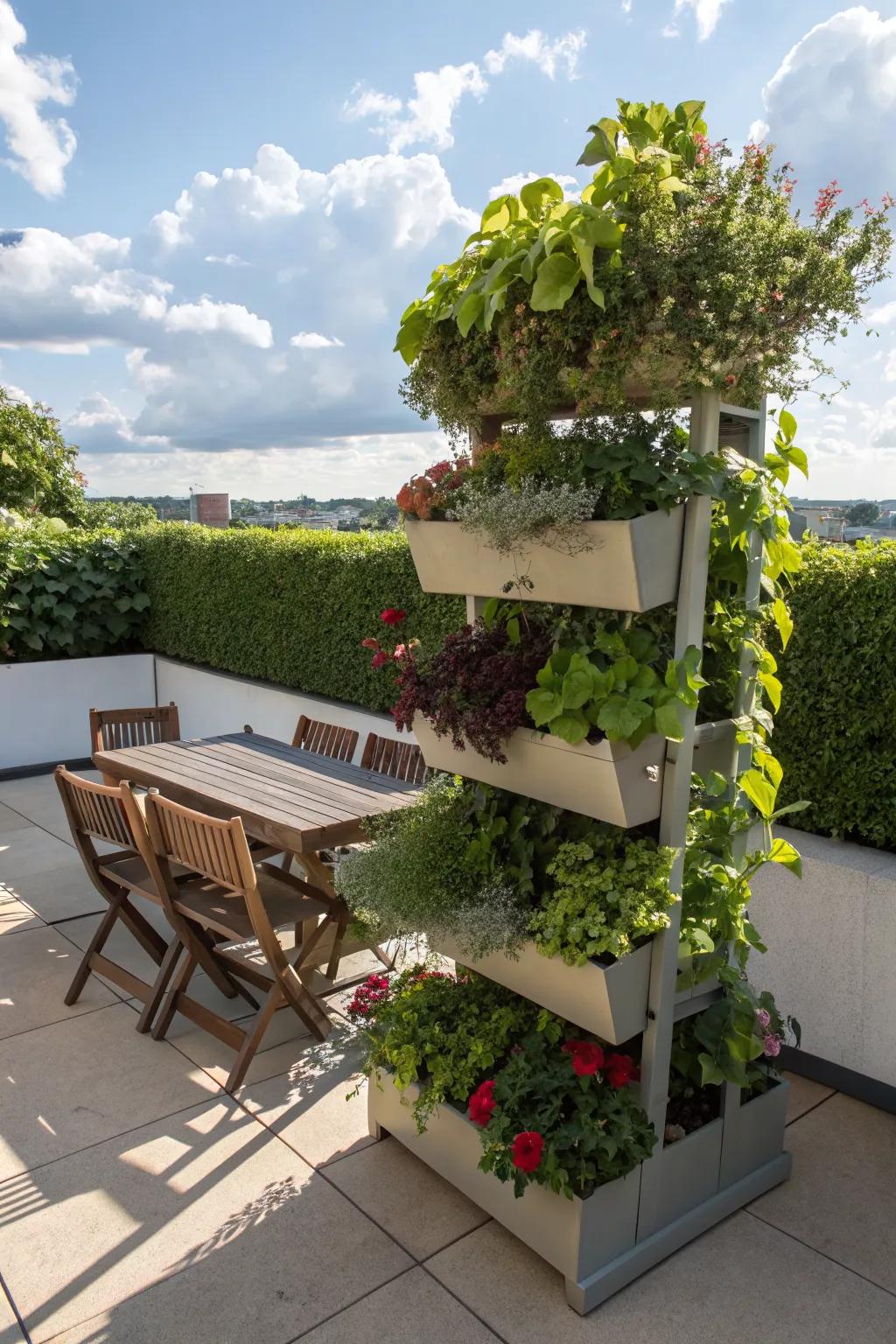 Layered planter boxes create visual depth and interest.