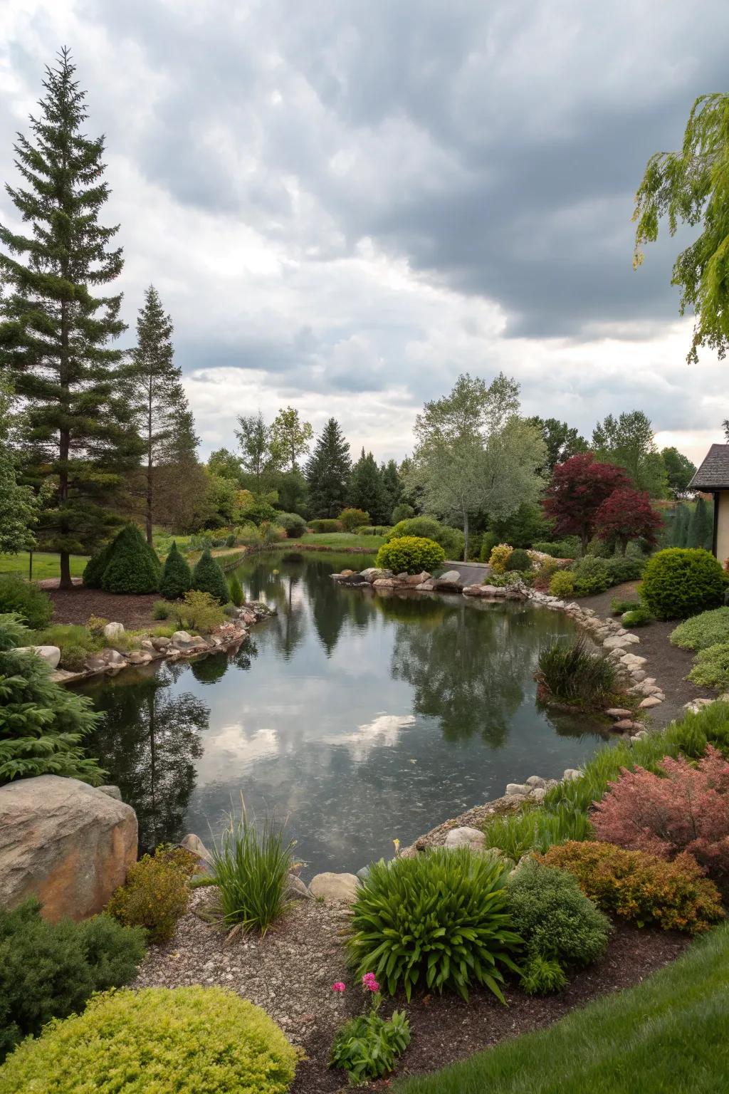 A diverse mix of plants creates a natural oasis around a large pond.
