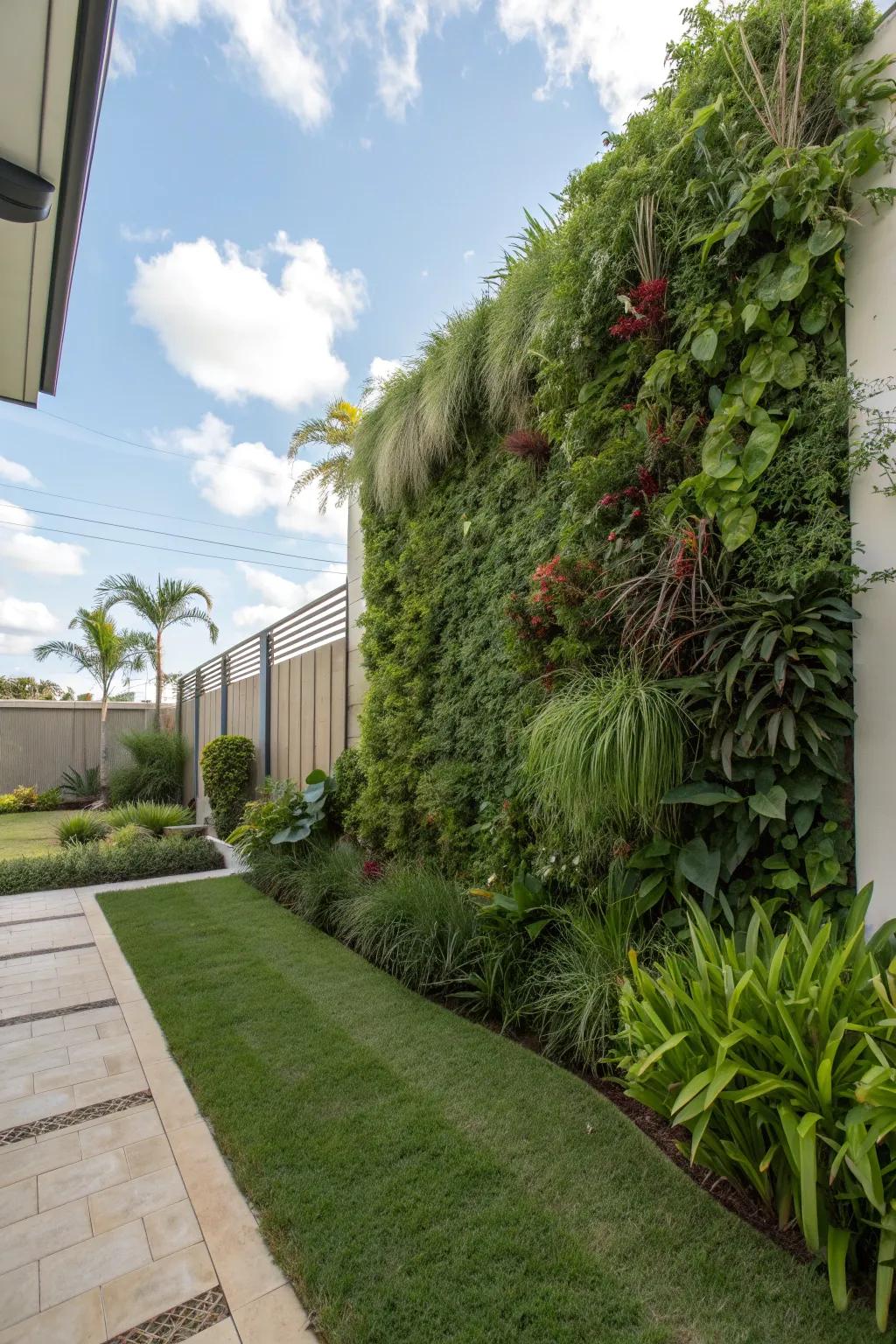 Vertical gardens add vibrant greenery while saving ground space in your side yard.