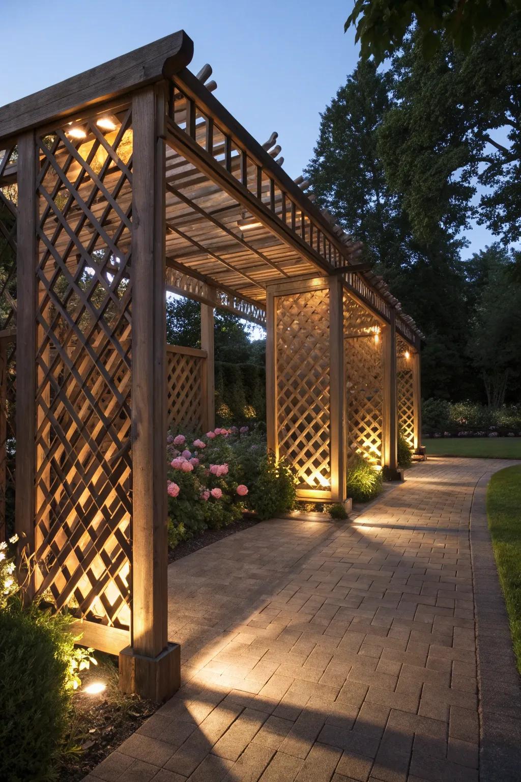 Create a cozy evening atmosphere with illuminated lattice panels.
