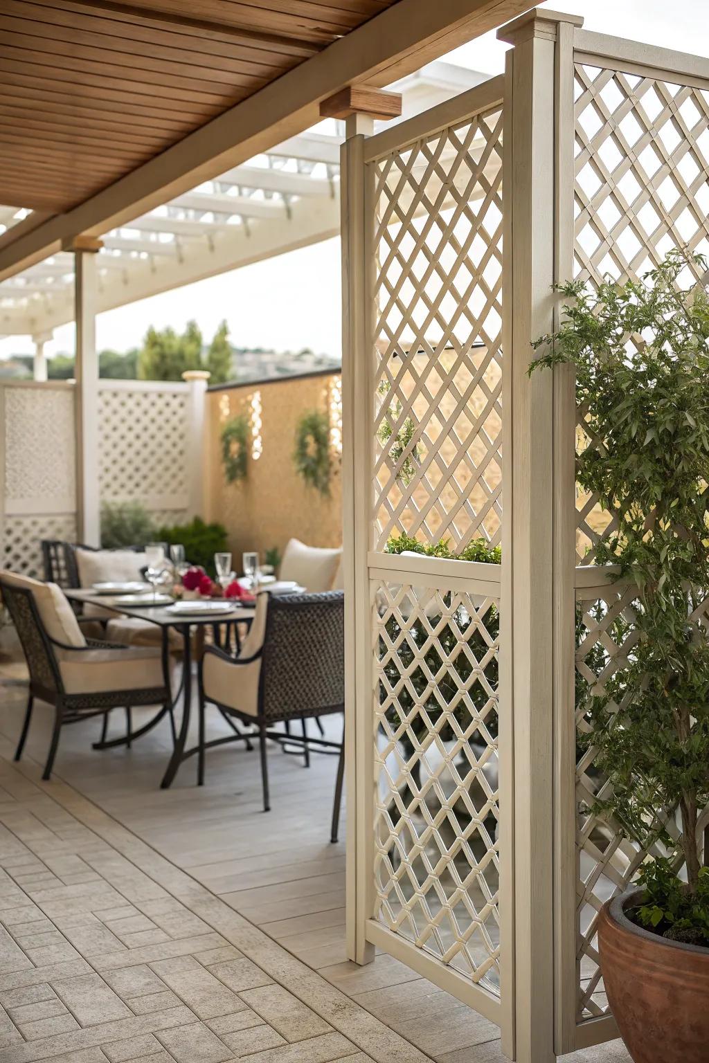 A chic patio layout with lattice panels creating distinct outdoor zones.
