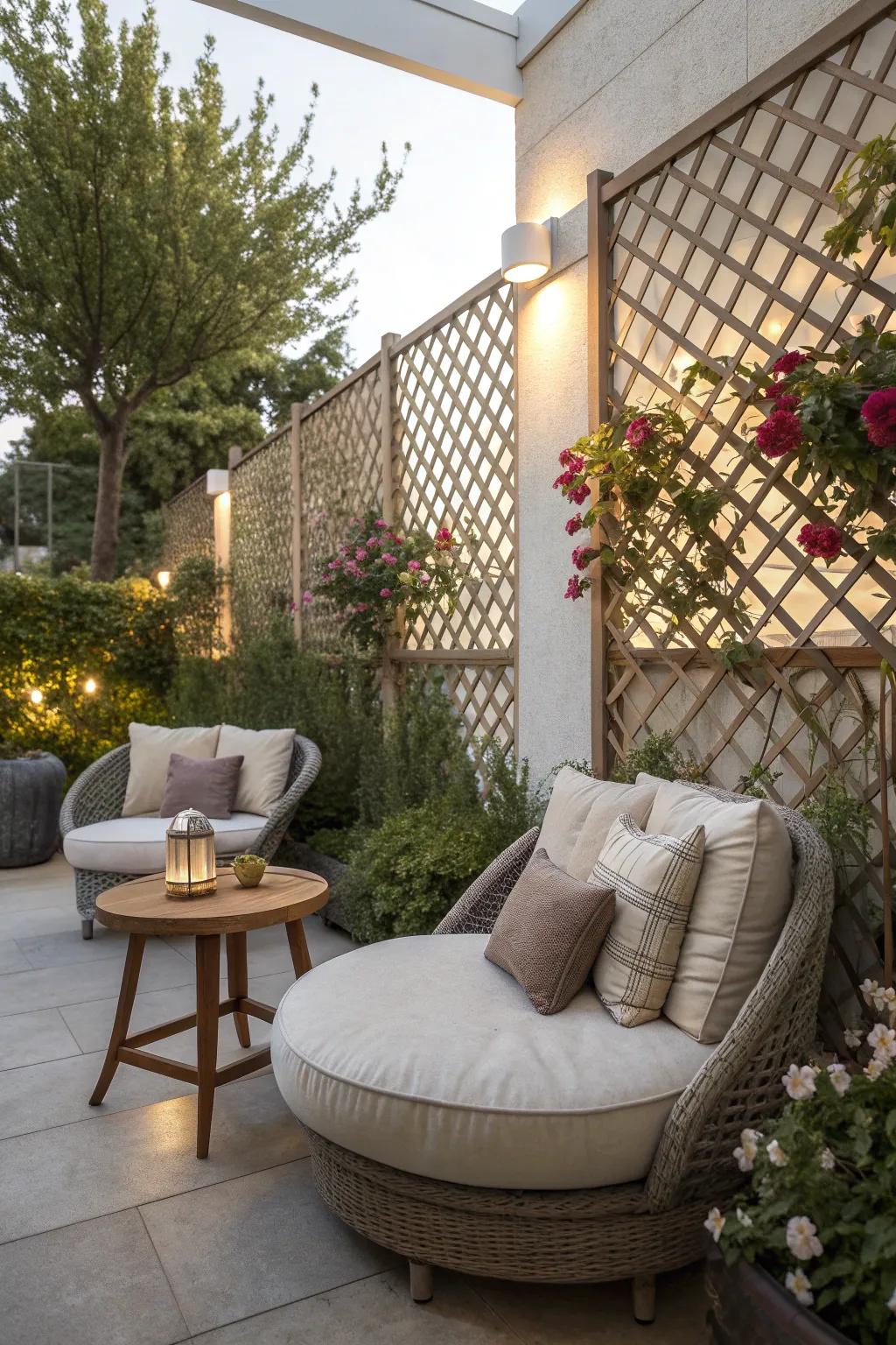 A lattice wall perfectly complements a cozy seating area.
