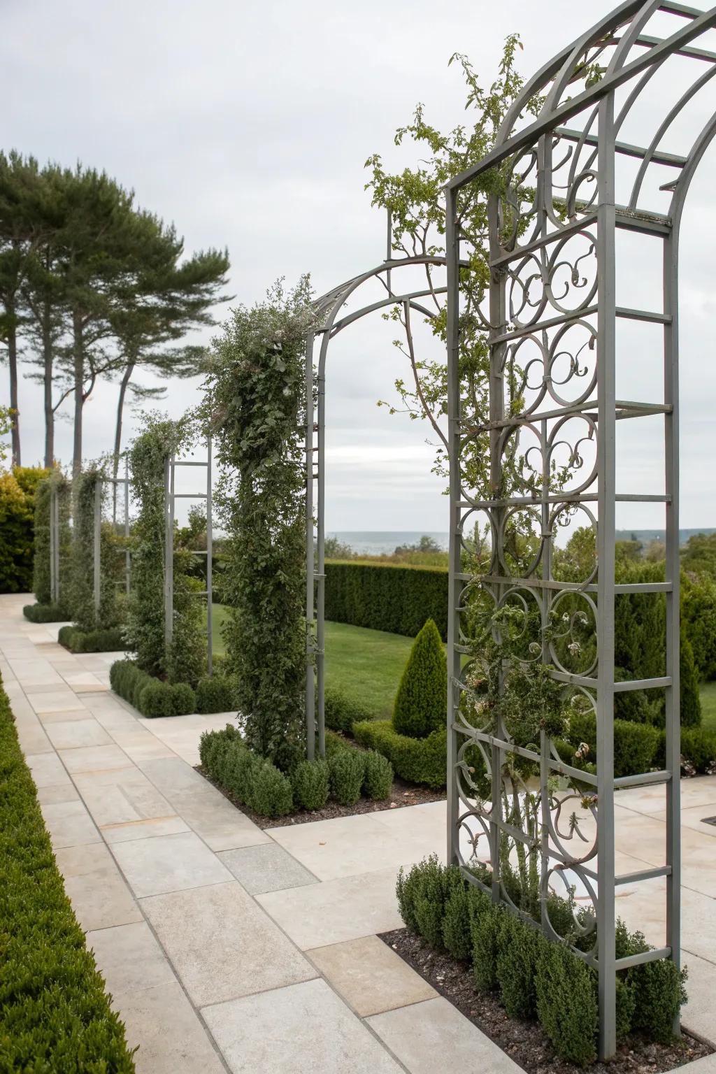 A metal lattice trellis offering a modern garden look.
