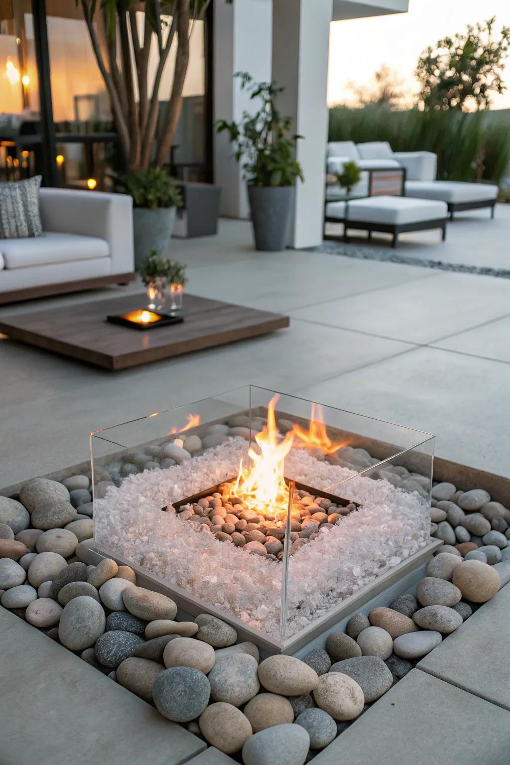 Clear lava glass in a fire pit, offering a sleek and elegant appearance.