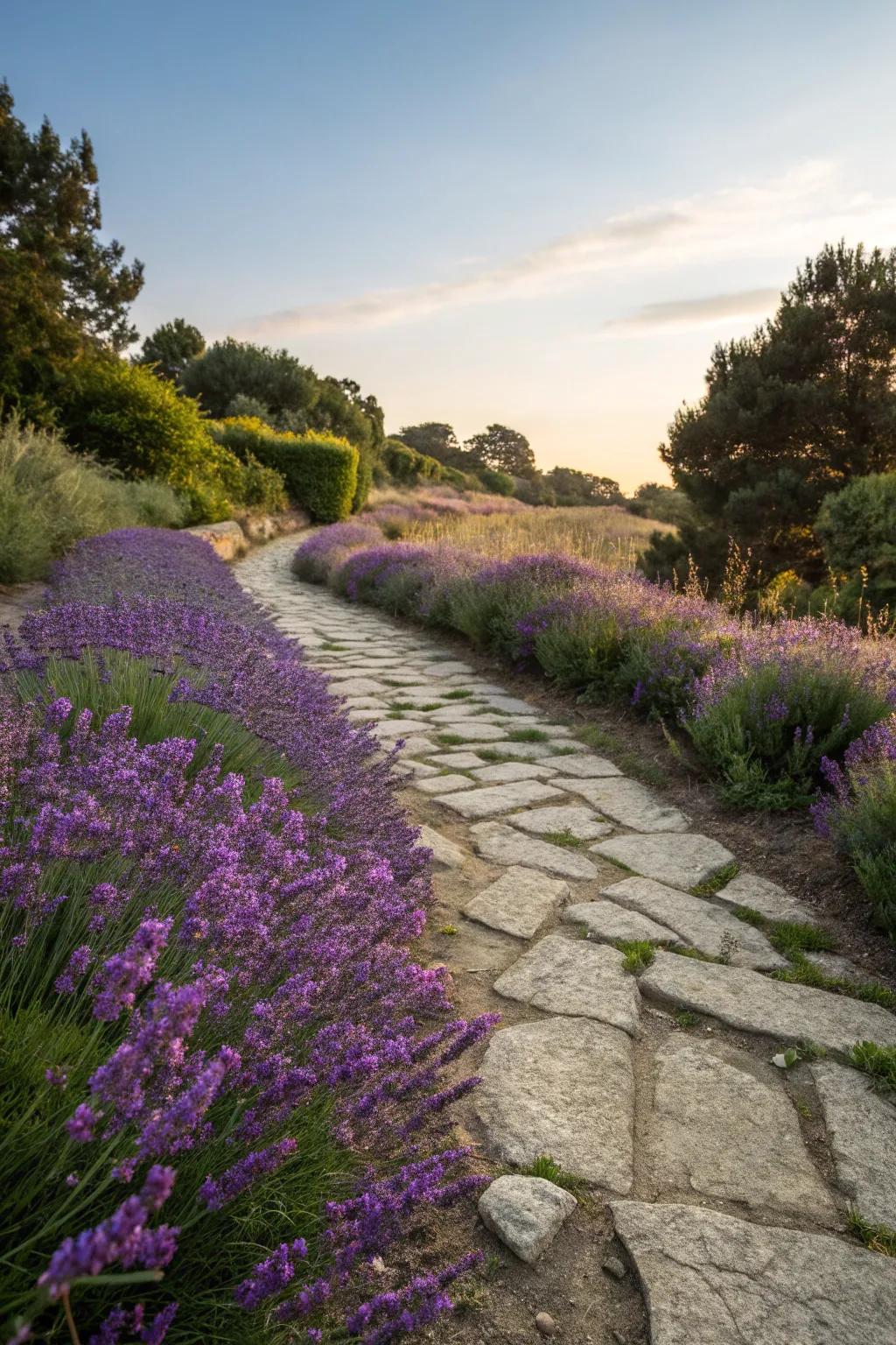 A rustic pathway enhanced by vibrant lavender.