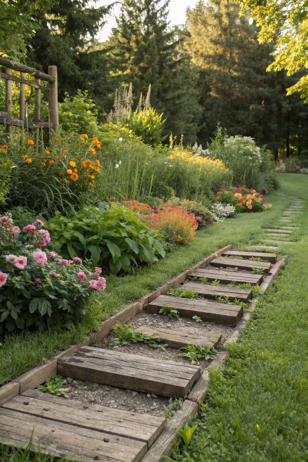 Rustic charm with DIY wooden plank dividers in the garden.