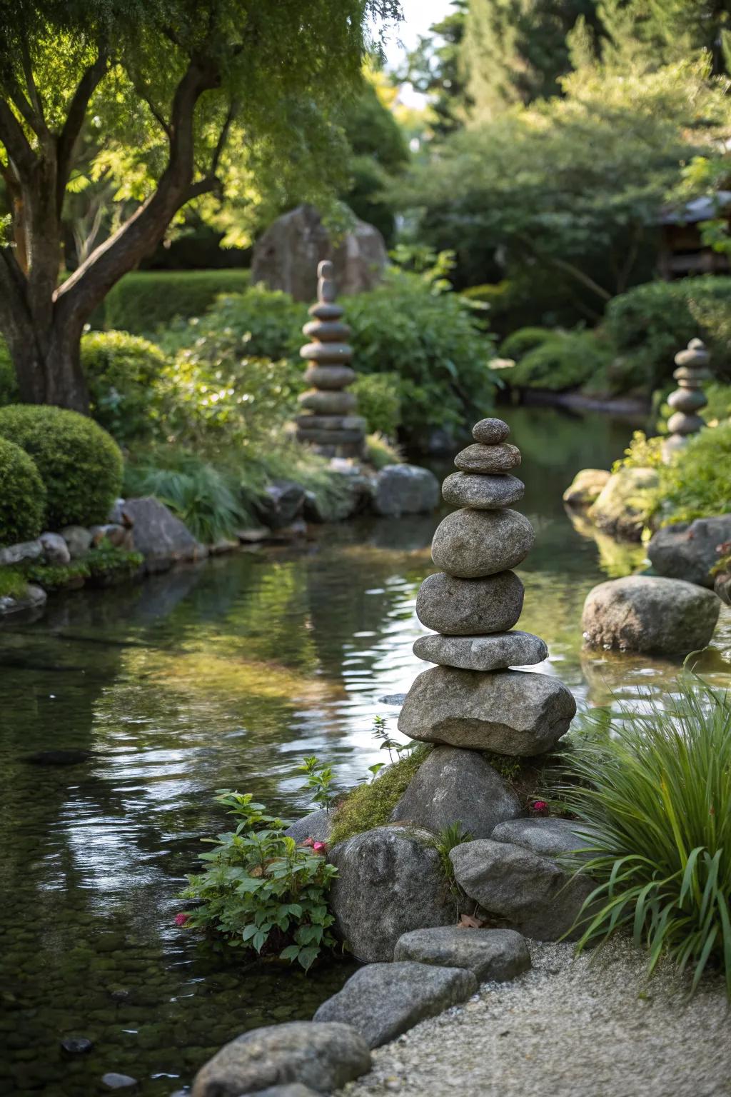 Add natural beauty with artistic stone cairns.