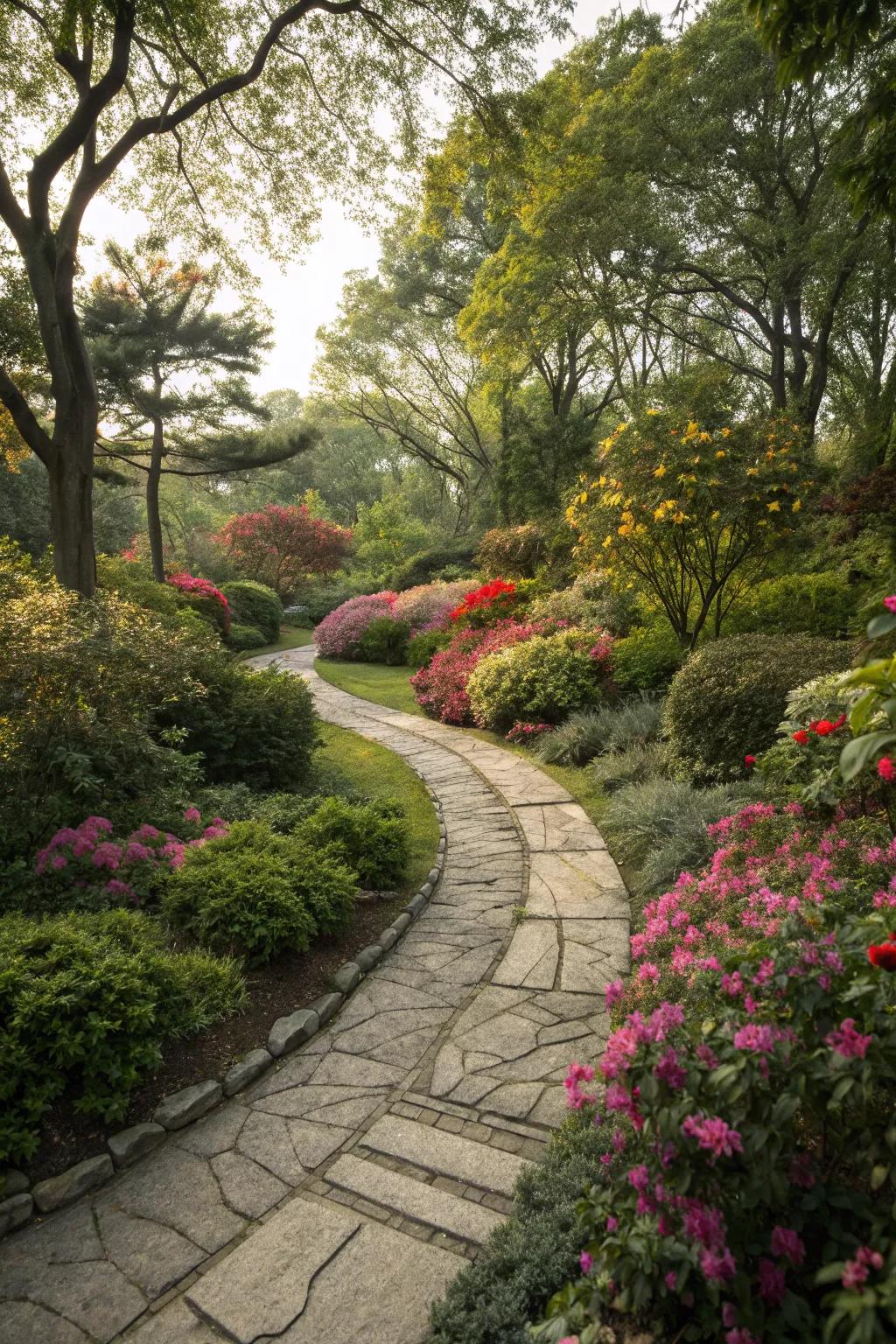 Curved paths add a sense of mystery and exploration to the garden.