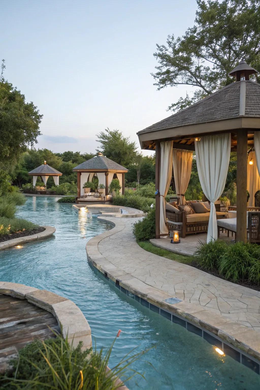 A lazy river pool featuring cozy cabanas and a stylish gazebo, ideal for relaxation and gatherings.