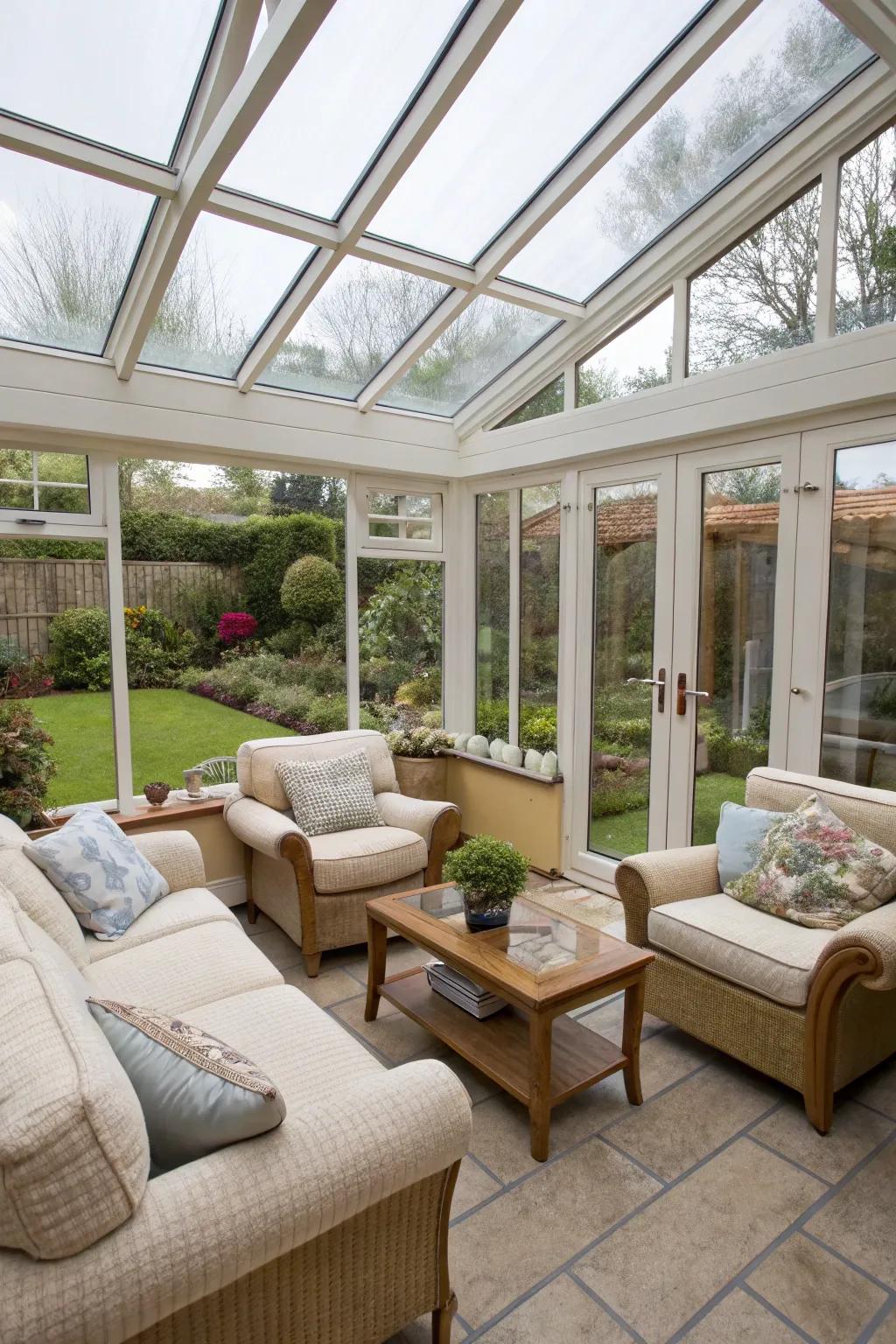 A cozy seating area perfect for relaxation in a lean-to conservatory.