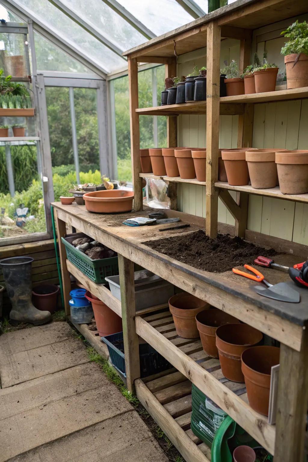 A functional DIY potting station under a lean-to roof.