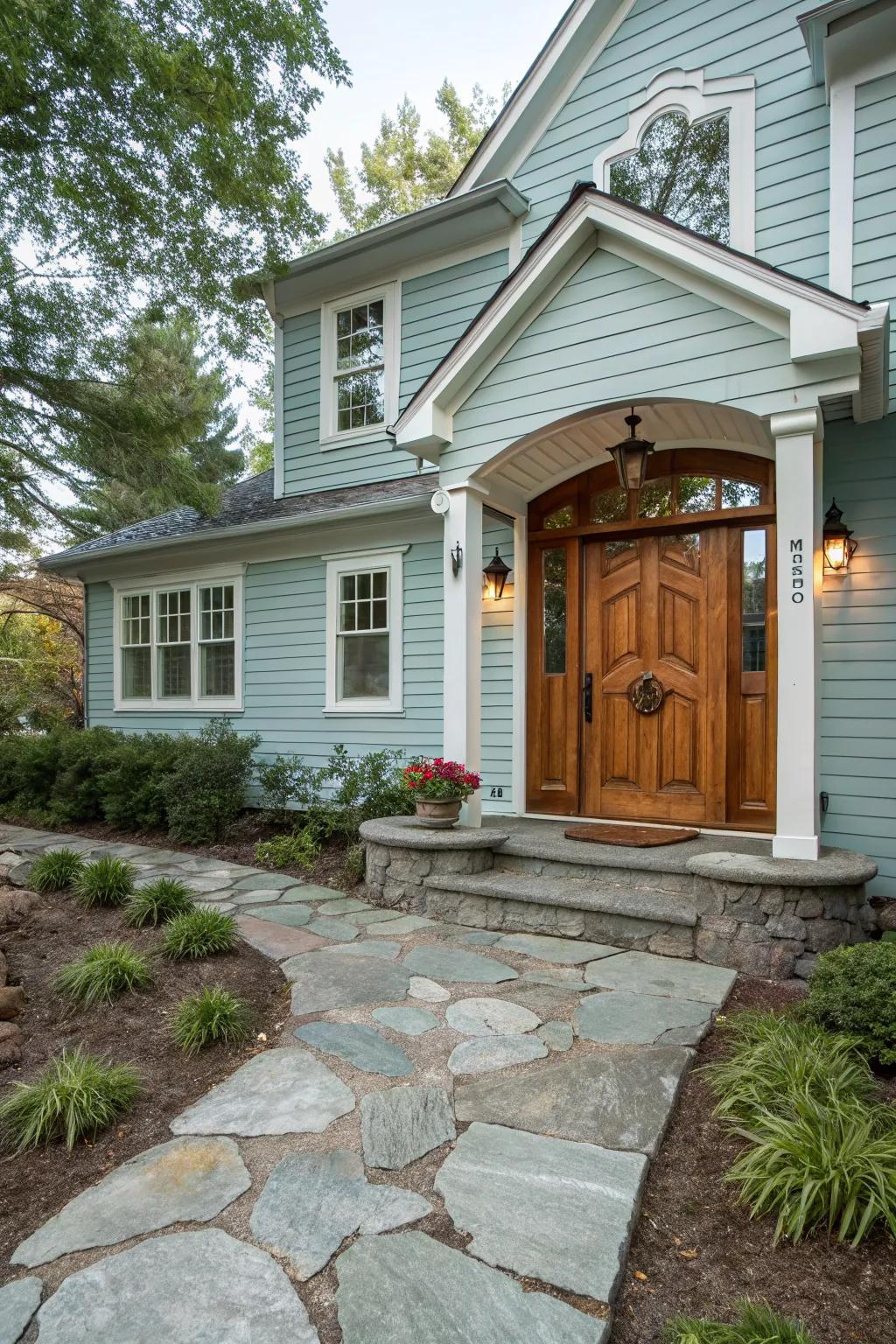 A wooden door pairs perfectly with a light blue exterior.
