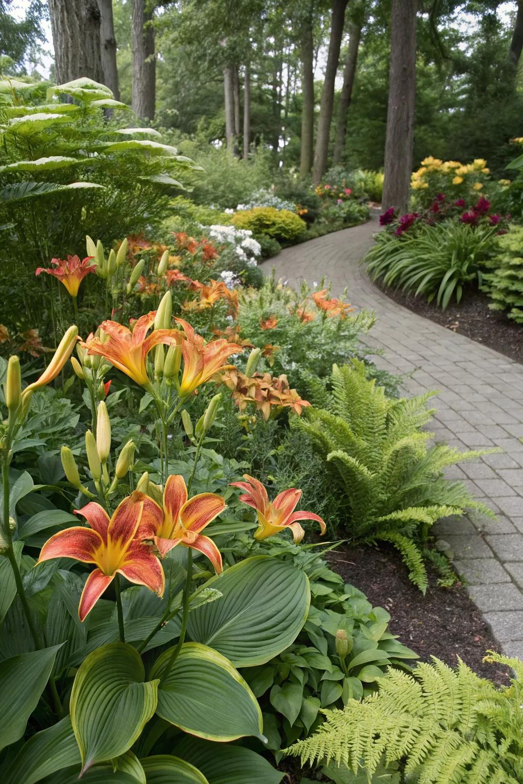 Companion plants enhancing the lily display.