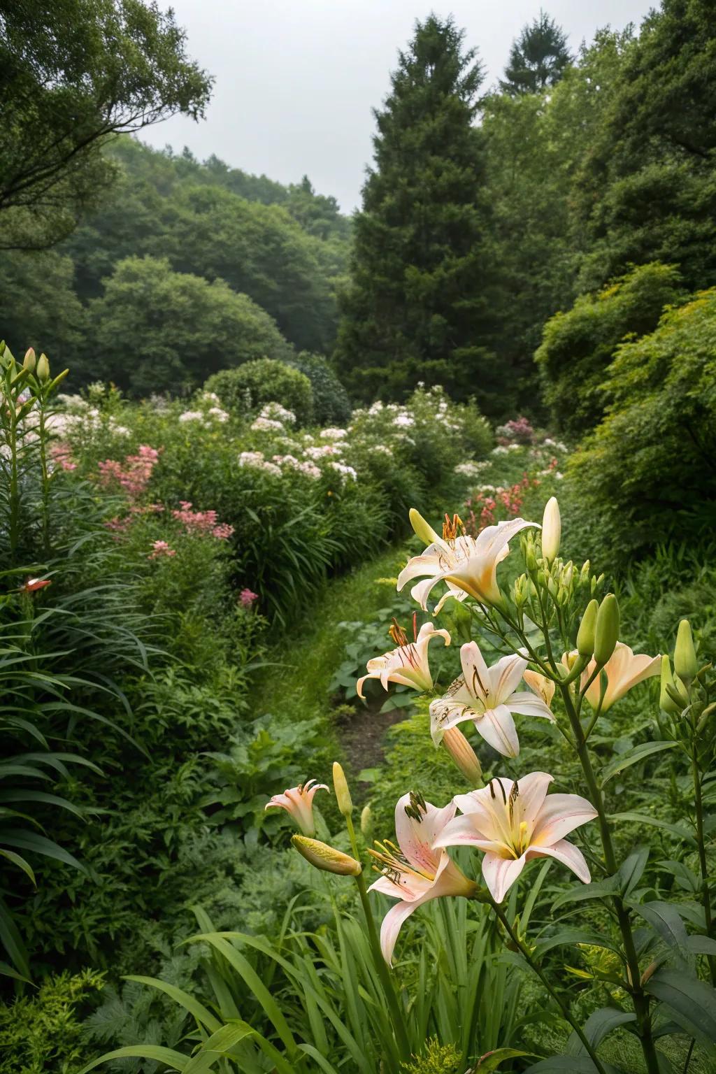 Lilies in a lush, natural garden setting