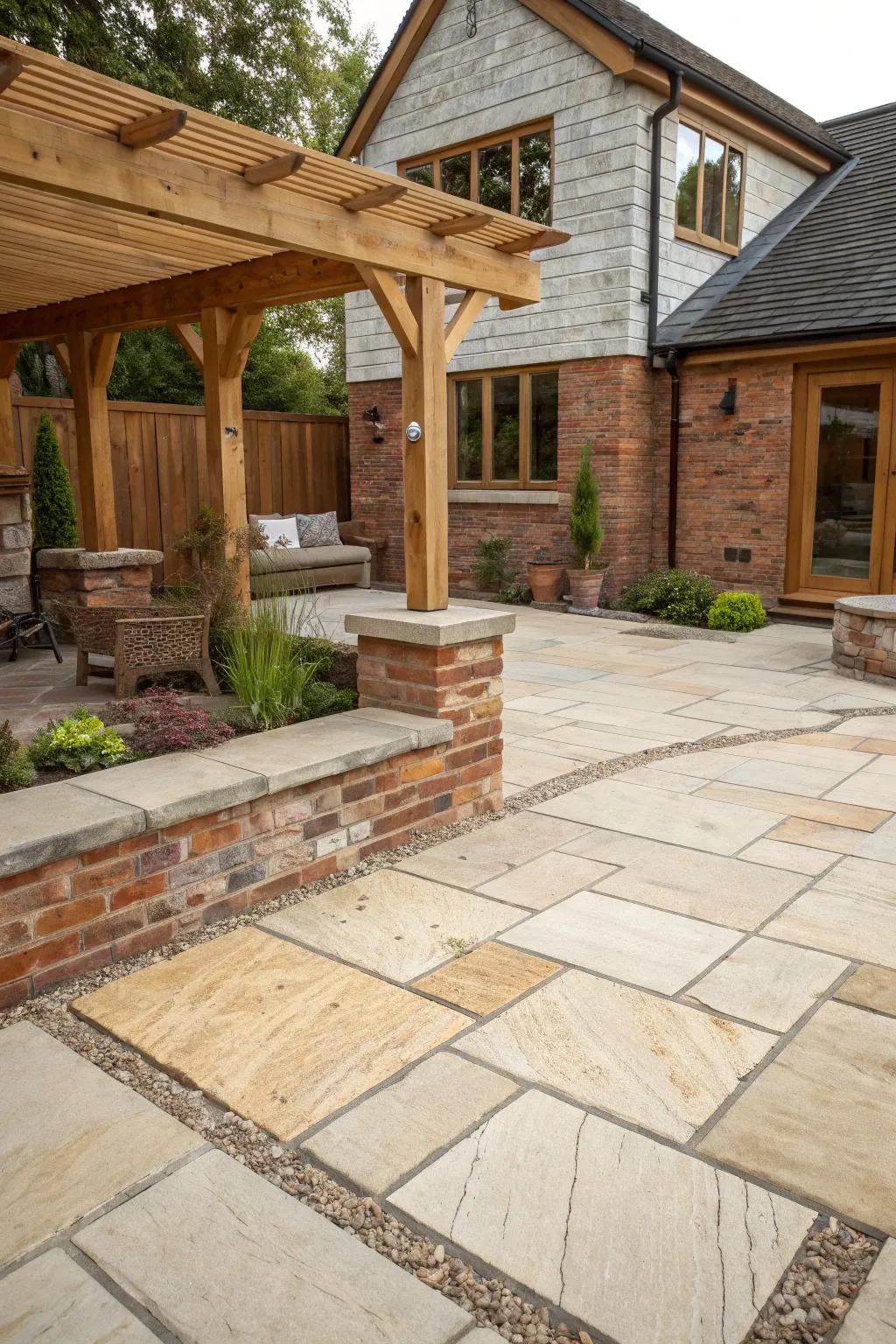 Mix materials for a textured, multi-dimensional limestone patio.
