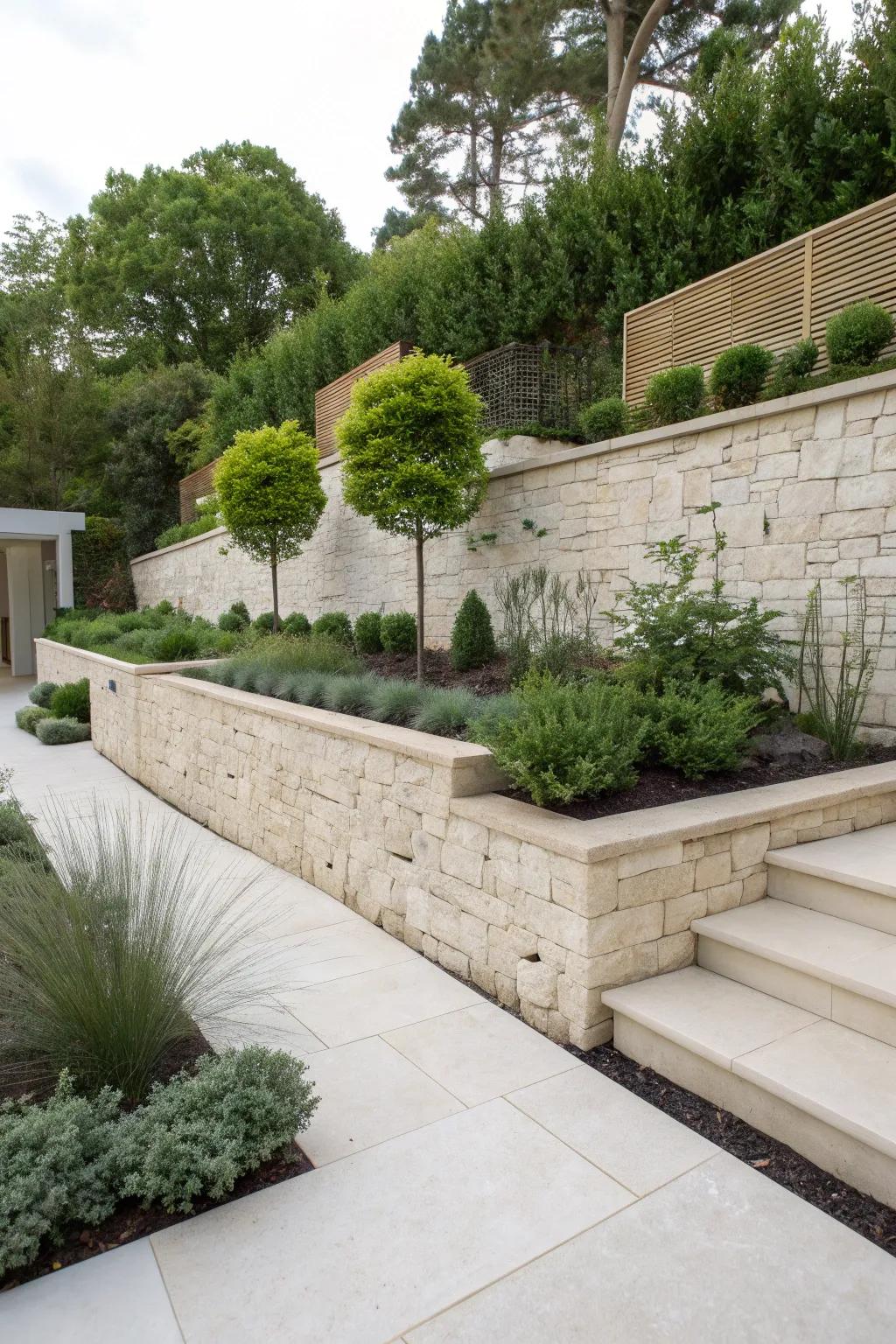 Merge rustic and modern styles with limestone walls.