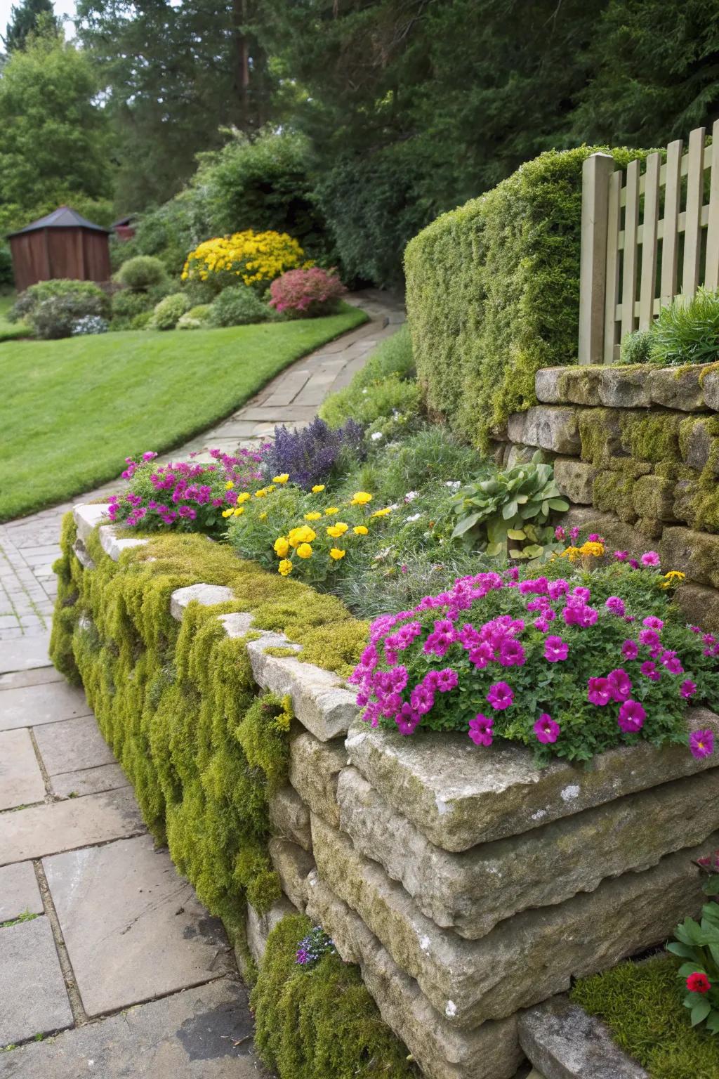 Limestone retaining walls blend functionality with rustic beauty.