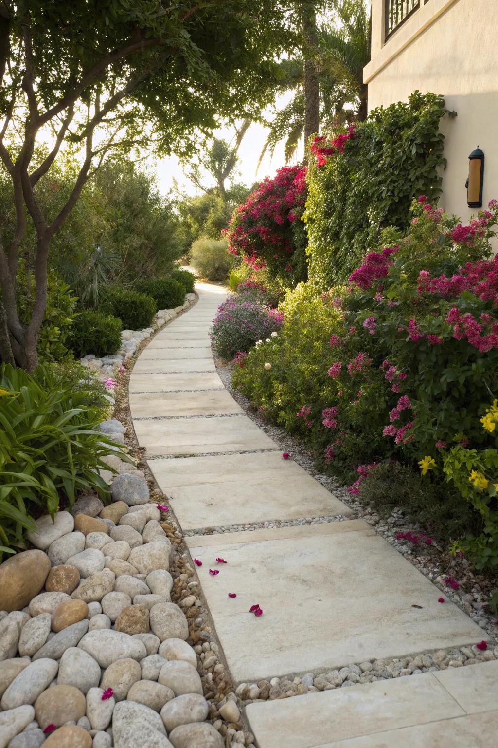 Boldly bordered limestone walkway surrounded by greenery.
