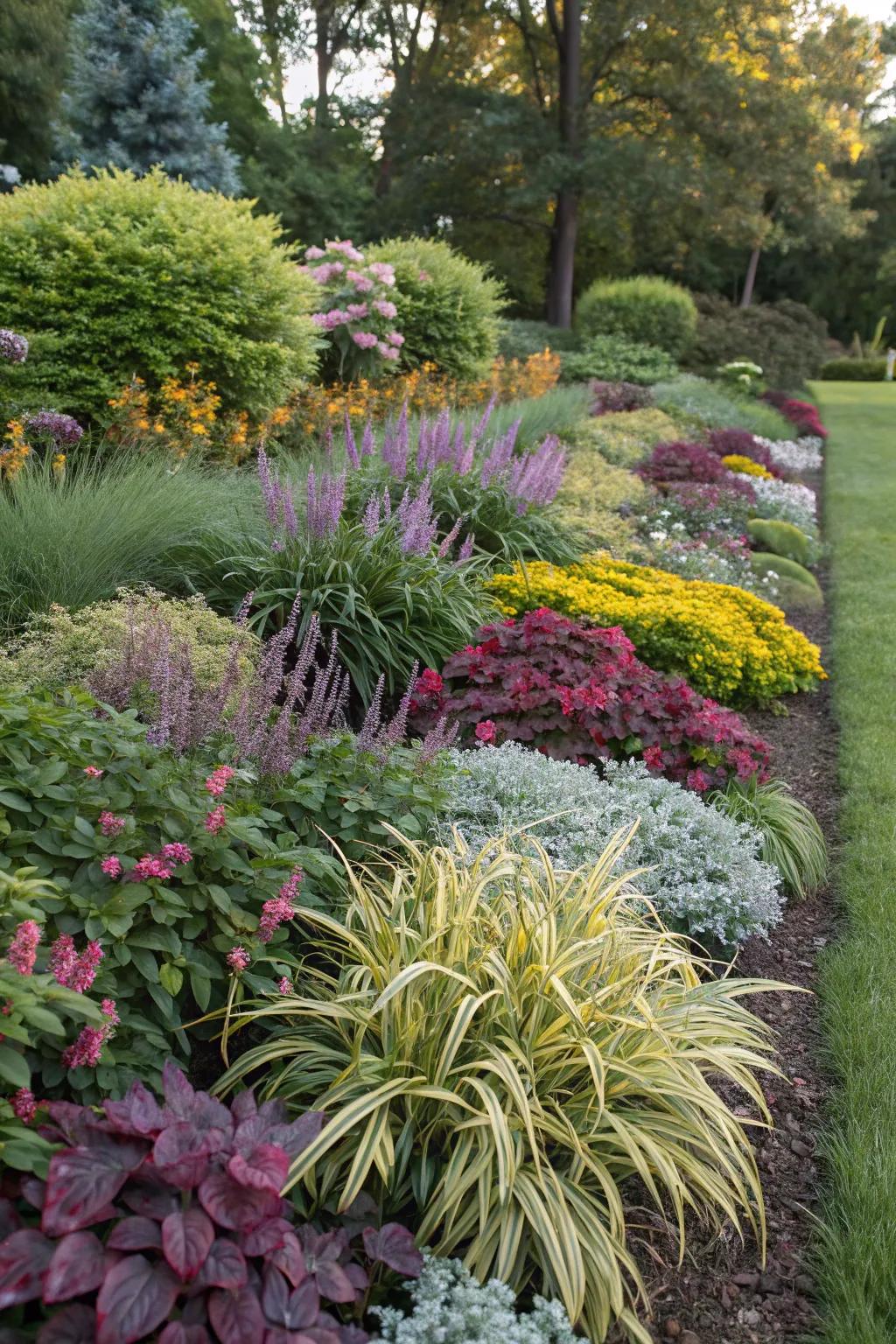 Liriope blending beautifully with other plants for a dynamic garden bed.