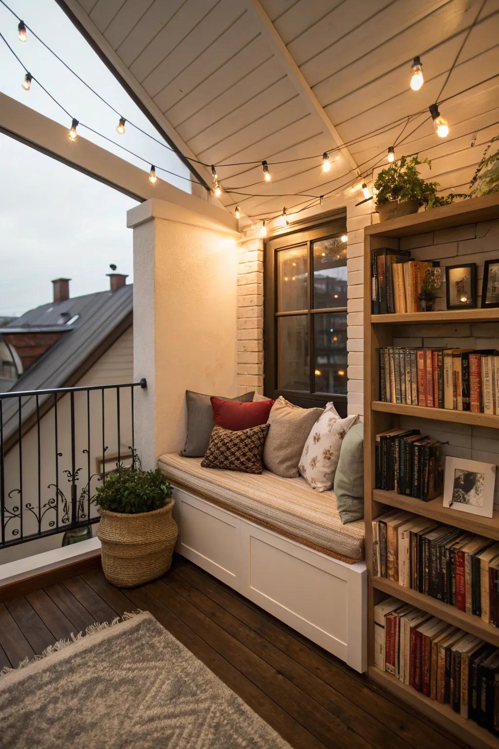 A cozy reading nook on your balcony is the perfect escape.