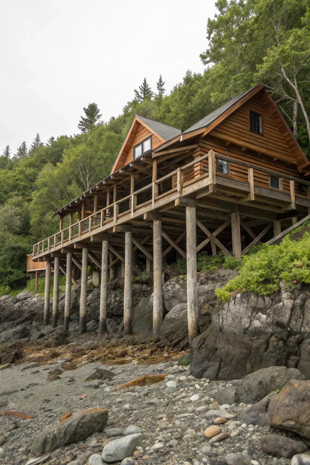 A log cabin elevated on piers and beams, perfectly suited for rugged terrain.