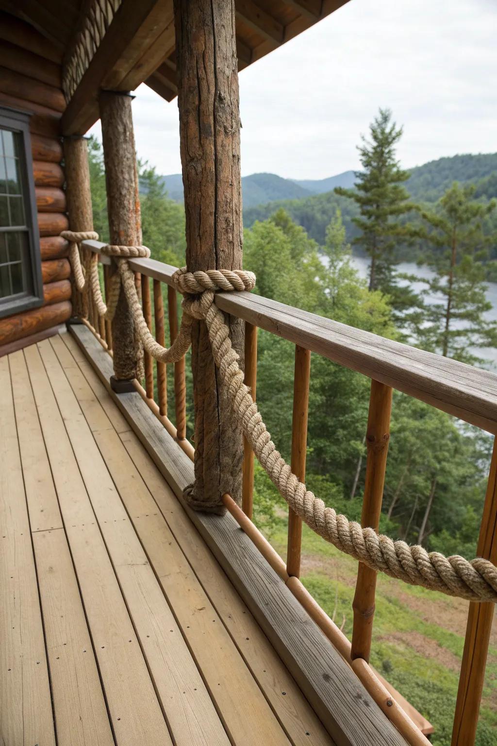 Rope accents add a rustic touch to this log cabin deck railing.