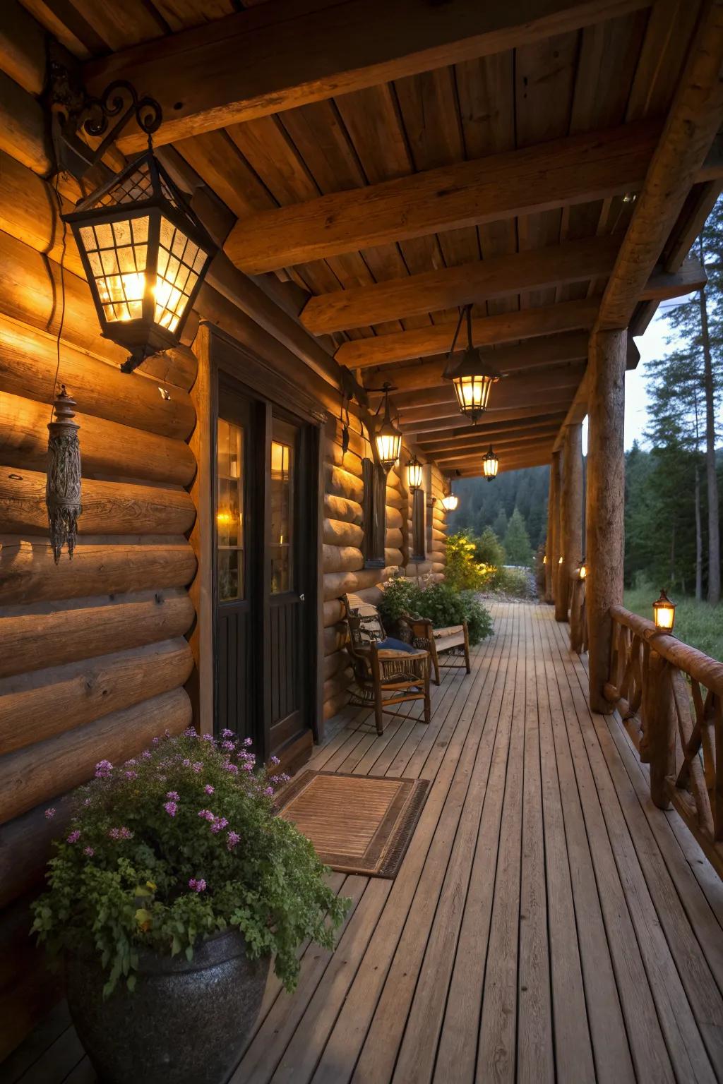 Lantern-style lights add warmth and charm to this porch.