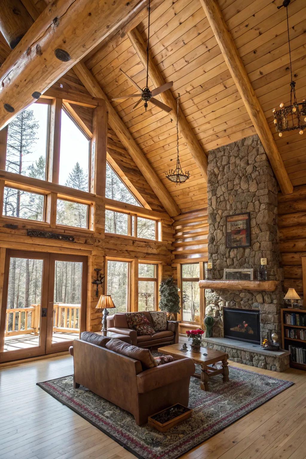 An open and airy log cabin interior with majestic beams.