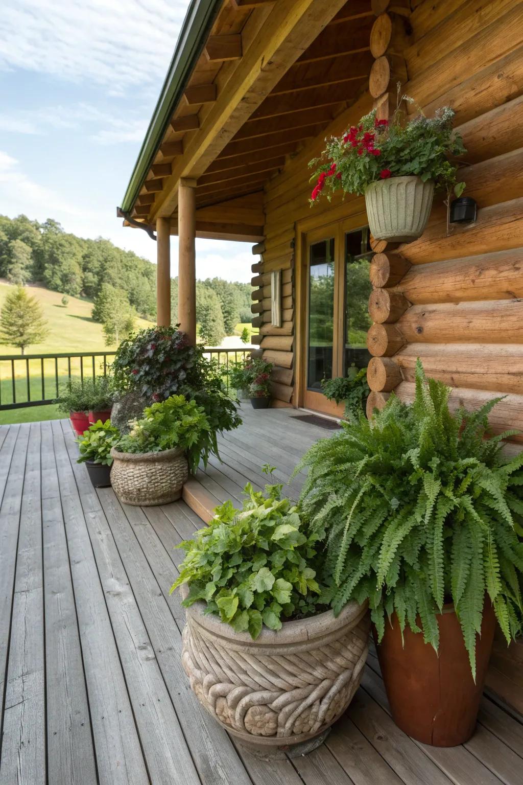 A lush indoor plant arrangement adds vibrancy to a log cabin porch, creating a serene green retreat.