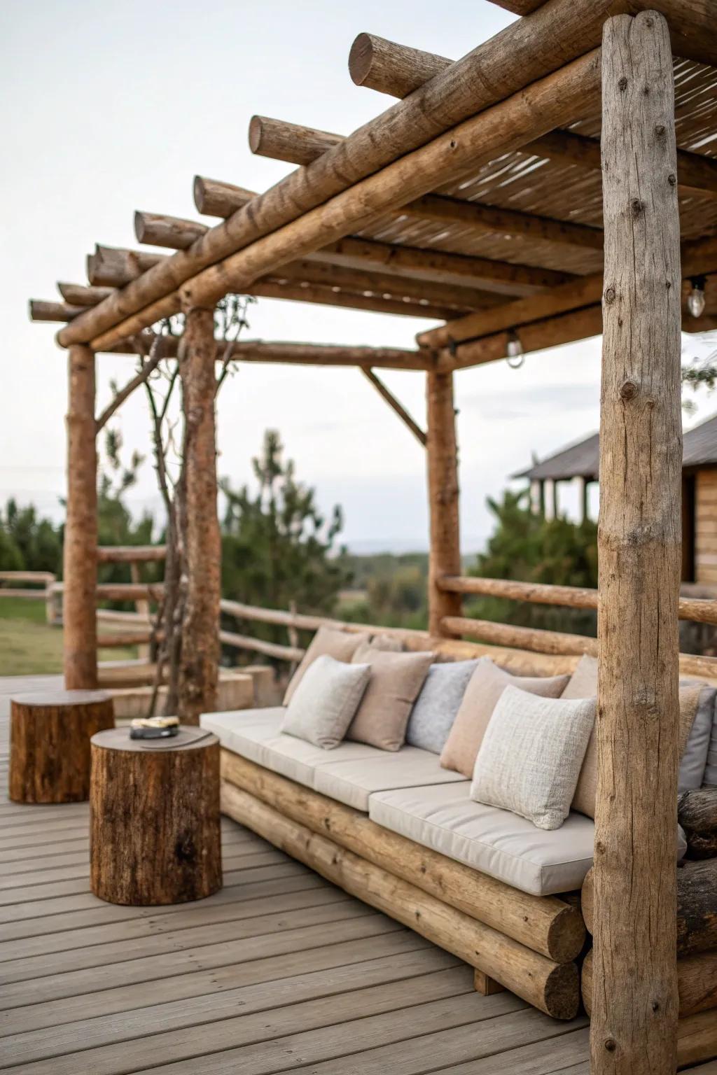 A log pergola featuring comfortable built-in seating.