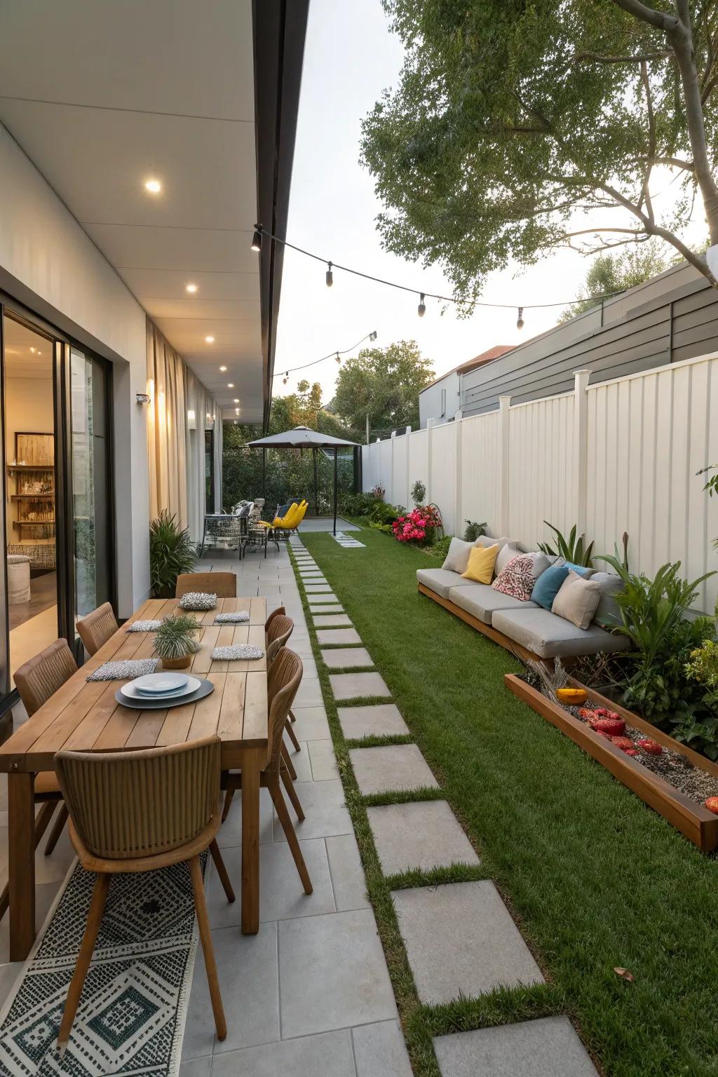 Multi-functional zones make the most of your narrow backyard.