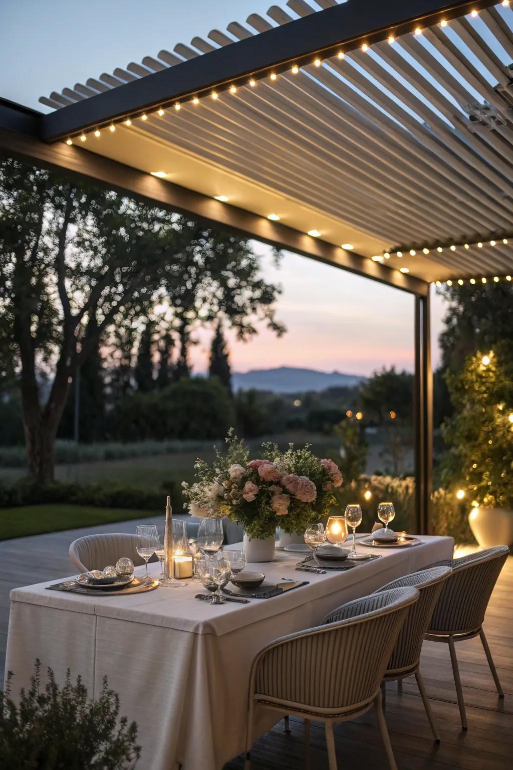 A cozy outdoor dining area under a louvered cover.