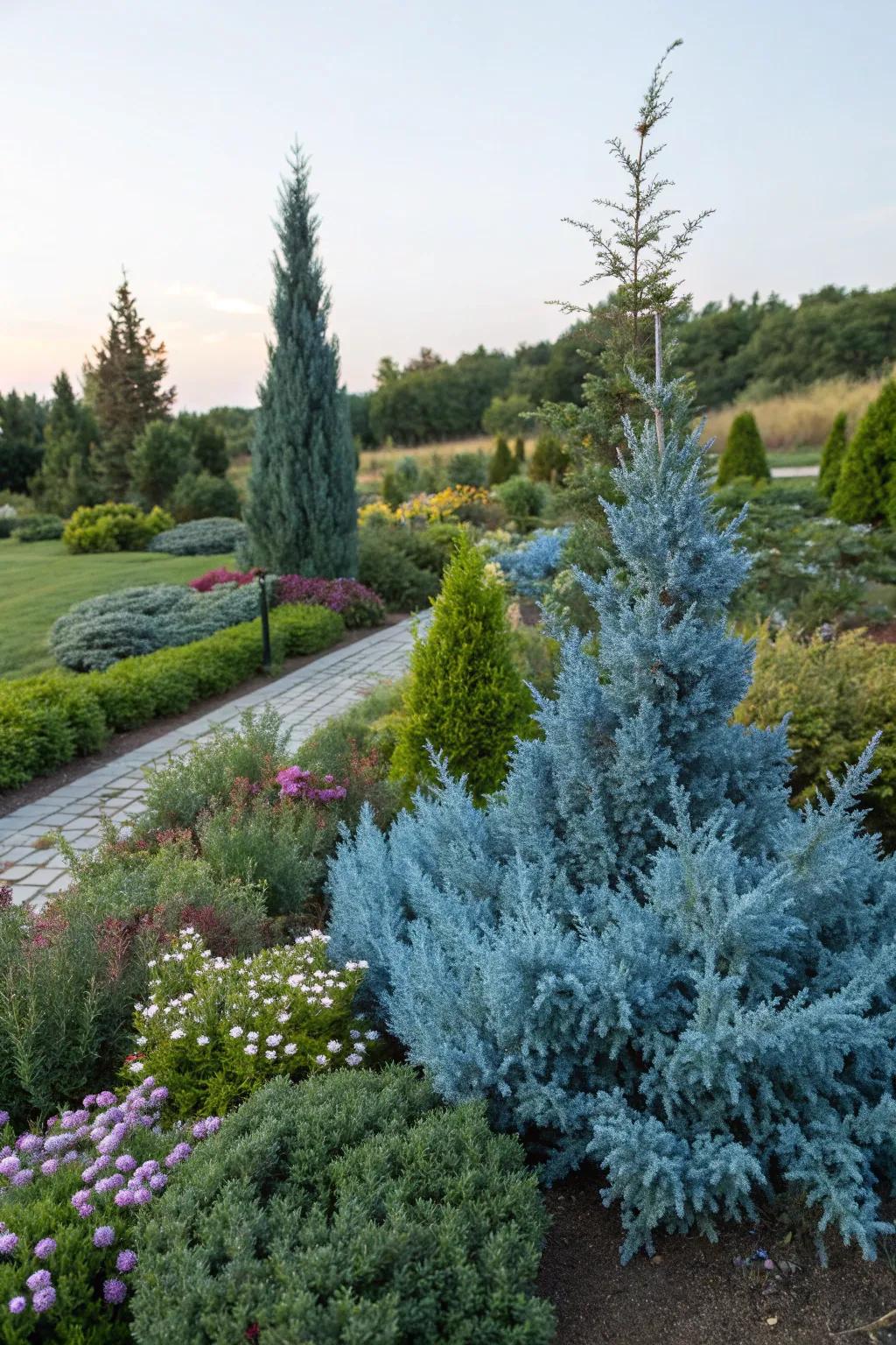 Blue Star Juniper offers a striking blue tone and easy maintenance.