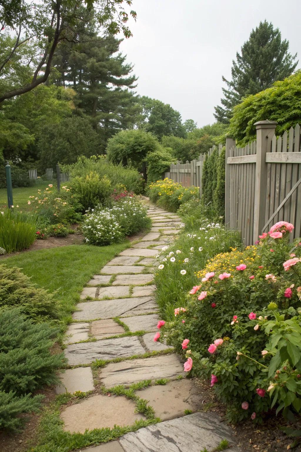 Stone pathways reduce lawn maintenance and add charm.